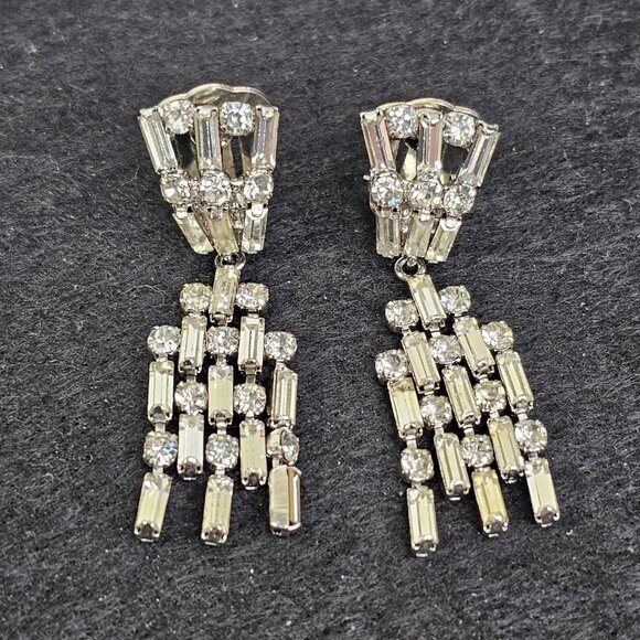 Western Germany Rhinestone Vintage Dangle Earrings Faux Diamonds Silver Tone - Picture 1 of 11